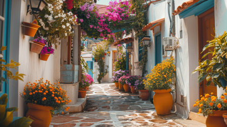 A picturesque alley in a Mediterranean village with colorful houses and flower pots, inviting exploration."の素材
