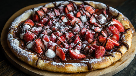 A creative dessert pizza topped with Nutella, fresh strawberries, and powdered sugar on a golden crust.の素材