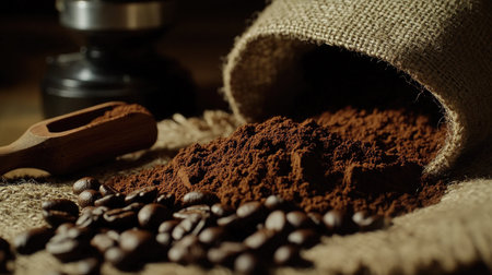 A close-up of a freshly ground coffee beans spilling from a burlap sack, with a wooden scoop and coffee grinder nearby.の素材