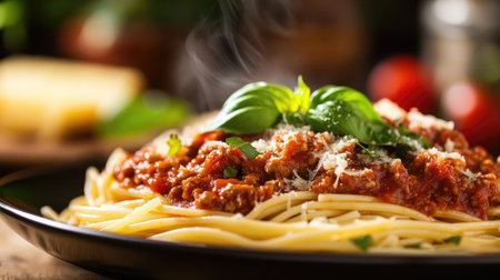 A close-up of a steaming plate of spaghetti Bolognese with rich meat sauce, parmesan, and fresh basil.の素材