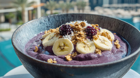 A close-up of a thick acai berry smoothie topped with sliced bananas, granola, and coconut flakes, served in a bowl.の素材