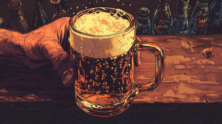 A close-up of a hand holding a pint of freshly poured beer with bubbles rising, sitting on a rustic wooden bar counter.の素材