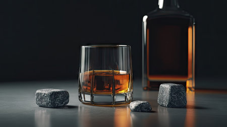 A close-up of a whiskey glass with amber liquid, placed next to an open bottle of whiskey and a few whiskey stones.の素材
