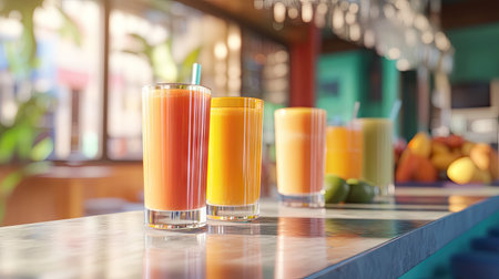 A colorful fruit juice bar with glasses of freshly squeezed juice, including orange, mango, and carrot, arranged on a counter.の素材