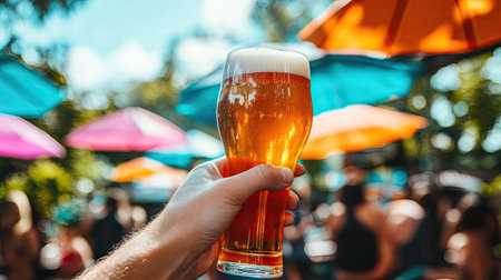 A close-up of a person's hand toasting with a glass of beer in a lively beer garden surrounded by colorful umbrellas.の素材