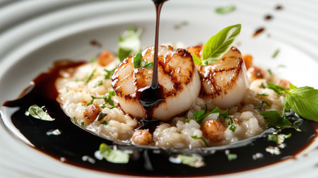 A beautifully plated Italian gourmet dish featuring seared scallops, risotto, and fresh herbs, garnished with a drizzle of balsamic reduction.の素材