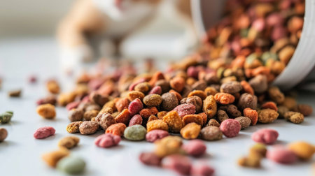 Close-up of nutritious cat food for kittens with white backgroundの素材