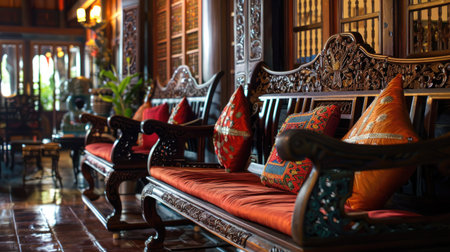 A traditional Thai sitting area with antique wooden chairs and embroidered Thai textiles, preserving cultural heritage."の素材