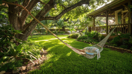 A tranquil front yard with a hammock and shade trees, offering relaxation in a natural setting."の素材