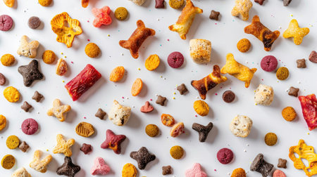Various cat food treats scattered on a white background, close-up viewの素材