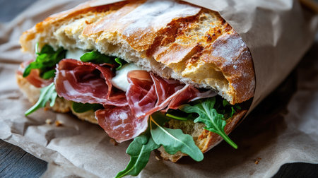 A close-up of a traditional Italian panino filled with prosciutto, mozzarella, and arugula, wrapped in paper for street food enjoyment. -の素材