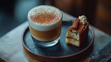 A beautifully presented cappuccino with a frothy top, cinnamon sprinkled, and a slice of cake served on the side.の素材