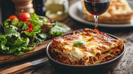 A delicious homemade lasagna served with a side of fresh salad and a glass of red wine.の素材