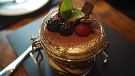 A gourmet Italian dessert of tiramisu presented in a glass jar, topped with cocoa powder, fresh berries, and a sprig of mint.の素材