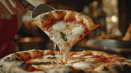 A fresh slice of Neapolitan pizza being lifted with a pizza spatula, showing its thin, airy crust and melted cheese.の素材