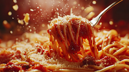 A close-up of a fork twirling spaghetti coated in rich tomato sauce with parmesan cheese melting on top.の素材