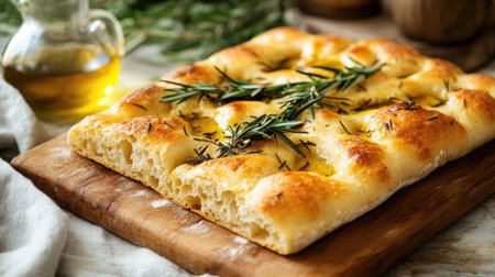 A freshly baked Italian focaccia bread, golden and fluffy, drizzled with olive oil and topped with rosemary.の素材