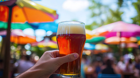 A close-up of a person's hand toasting with a glass of beer in a lively beer garden surrounded by colorful umbrellas.の素材