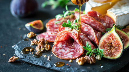A gourmet Italian charcuterie board with thinly sliced cured meats, artisan cheeses, fresh figs, nuts, and a drizzle of honey.の素材