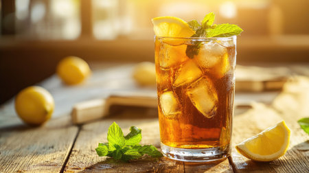 A frosty glass of iced tea with lemon wedges and mint leaves, placed on a wooden table with sunlight streaming through.の素材