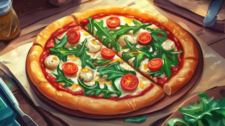 A fine Italian gourmet pizza with a thin crispy crust, topped with burrata cheese, arugula, cherry tomatoes, and a drizzle of olive oil.の素材