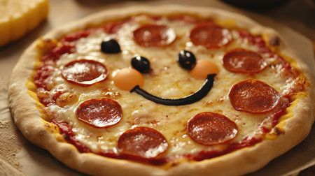 A kid-friendly pizza with fun toppings like smiley faces made from pepperoni and olives, served at a family table.の素材