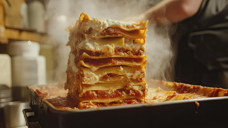 A homemade lasagna with layers of pasta, creamy ricotta, and rich tomato sauce being served from a baking dish.の素材