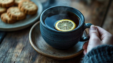 A hand holding a steaming cup of black tea with a lemon slice, placed on a wooden table next to a small plate of biscuits.の素材