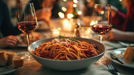 A family dinner table set with a large bowl of spaghetti marinara, laughter, and glasses of wine.の素材