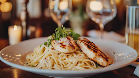 A plate of creamy fettuccine Alfredo topped with grilled chicken and fresh parsley in an Italian restaurant.の素材