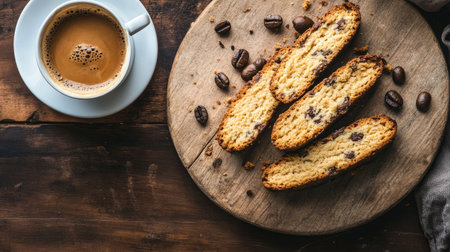 A freshly baked batch of Italian biscotti, served on a rustic wooden board alongside a cup of espresso.の素材