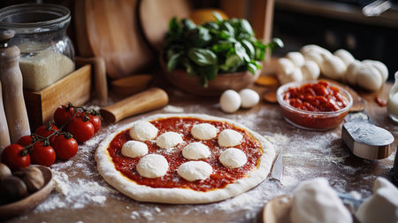 A homemade pizza-making scene with fresh dough, tomato sauce, mozzarella, and toppings spread out on a kitchen counter.の素材