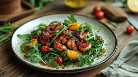 A gourmet Italian dish of grilled octopus, served with a citrus dressing, arugula, and roasted cherry tomatoes on a fine porcelain plate.の素材