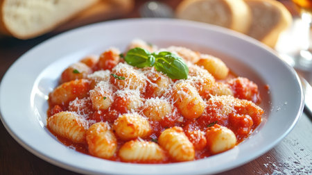 A fresh plate of Italian gnocchi with a rich tomato basil sauce, served with grated Parmesan and a side of bread.の素材