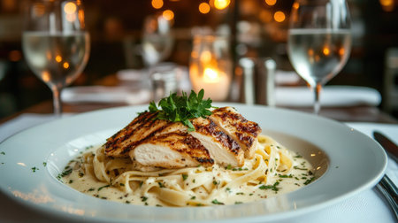 A plate of creamy fettuccine Alfredo topped with grilled chicken and fresh parsley in an Italian restaurant.の素材