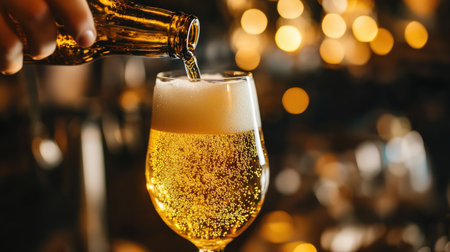 A person pouring beer from a bottle into a glass, with the beer bubbling up as it fills the glass.の素材