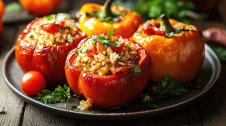 A plate of delicious Italian stuffed peppers with rice, vegetables, and a savory tomato sauce.の素材