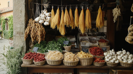 A market stall in Italy showcasing sun-dried tomatoes, garlic braids, fresh herbs, and artisanal pasta.の素材