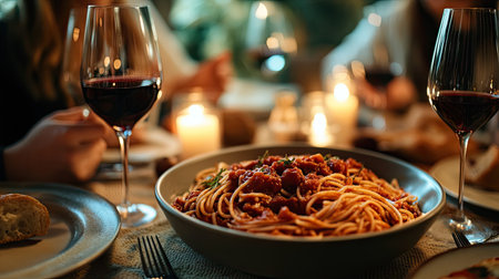 A family dinner table set with a large bowl of spaghetti marinara, laughter, and glasses of wine.の素材