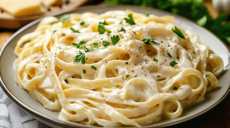 A plate of creamy fettuccine Alfredo garnished with freshly ground black pepper and parsley.の素材