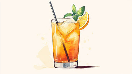 A shot of a refreshing iced tea served with a straw, lemon wedge, and mint, perfect for a summer afternoon.の素材