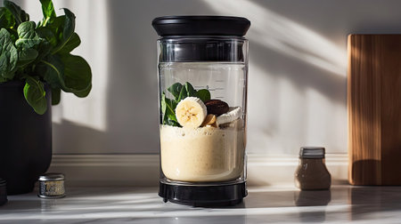 A smoothie in a blender jar, with ingredients like spinach, banana, and almond butter, placed on a marble countertop.の素材