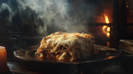 A steaming slice of classic lasagna with layers of pasta, rich meat sauce, creamy bchamel, and melted cheese on a rustic plate.の素材