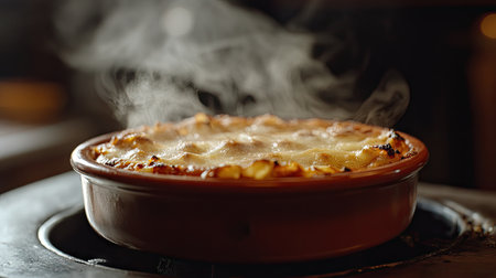 A single-serving lasagna in a small ceramic dish, fresh out of the oven with steam rising.の素材