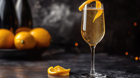 A sophisticated champagne cocktail with a splash of orange liqueur, garnished with a twist of lemon peel, served in a flute glass.の素材