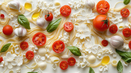A spread of Italian pasta ingredients, including tomatoes, garlic, basil, olive oil, and uncooked spaghetti.の素材