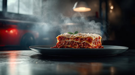 A steaming slice of classic lasagna with layers of pasta, rich meat sauce, creamy bchamel, and melted cheese on a rustic plate.の素材