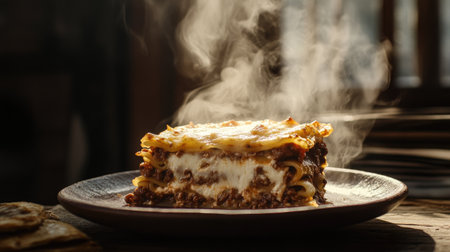 A steaming slice of classic lasagna with layers of pasta, rich meat sauce, creamy bchamel, and melted cheese on a rustic plate.の素材