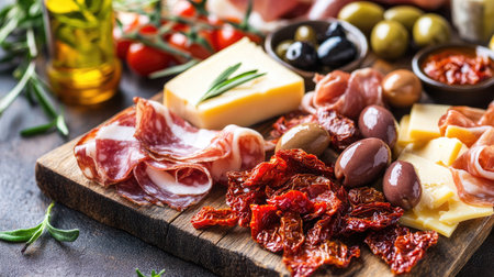 A spread of Italian antipasti including olives, prosciutto, cheese, and sun-dried tomatoes on a rustic wooden board.の素材