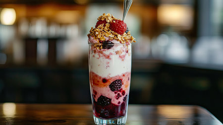 A smoothie made with mixed berries, yogurt, and honey, served in a tall glass with a spoonful of granola on top.の素材